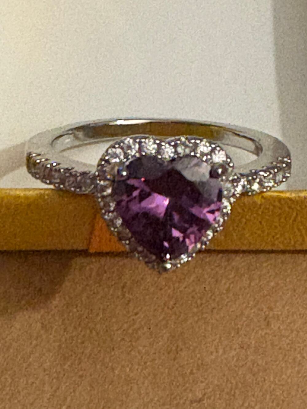 Purple Heart Shape Halo Ring Silver Tone Size 7.75
